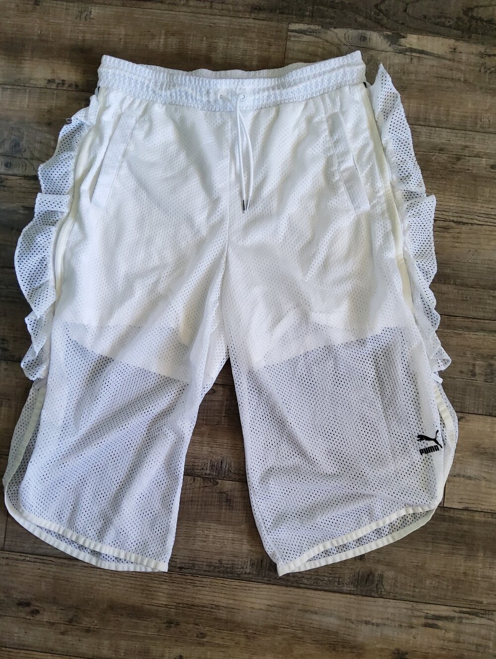 Puma Y2k Blokette Ruffle White Mesh Athletic Shorts